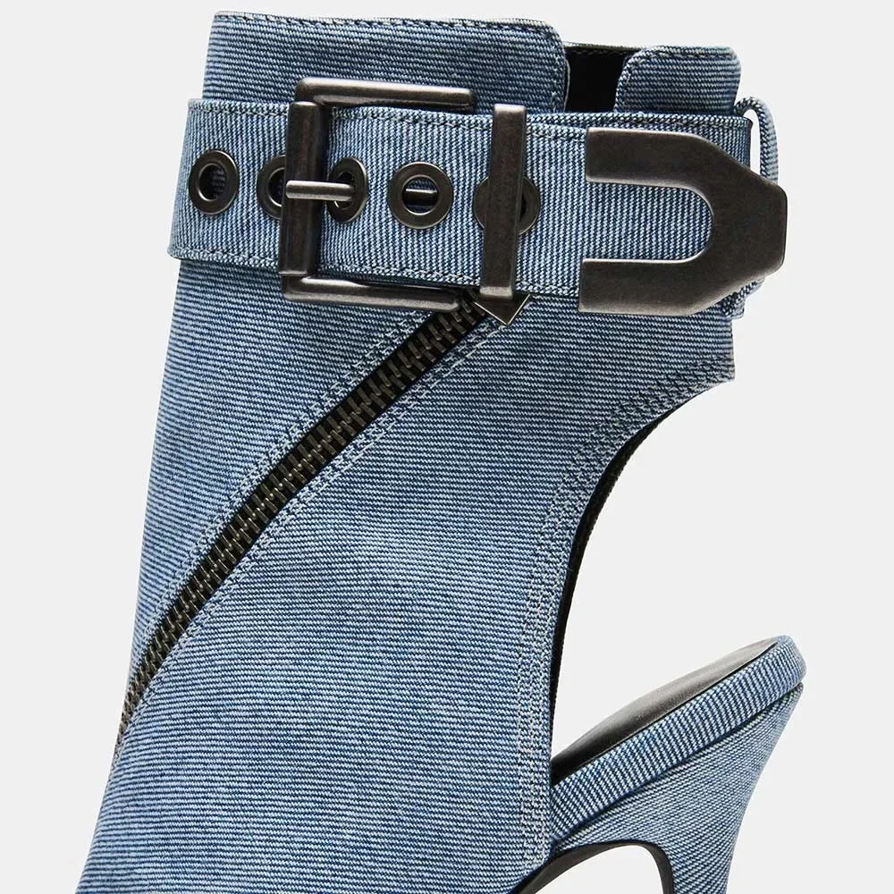 Steve Madden Denim Pointed Stiletto Zipper Peep Toe Ankle Buckle Boots Size 11 - Picture 14 of 14